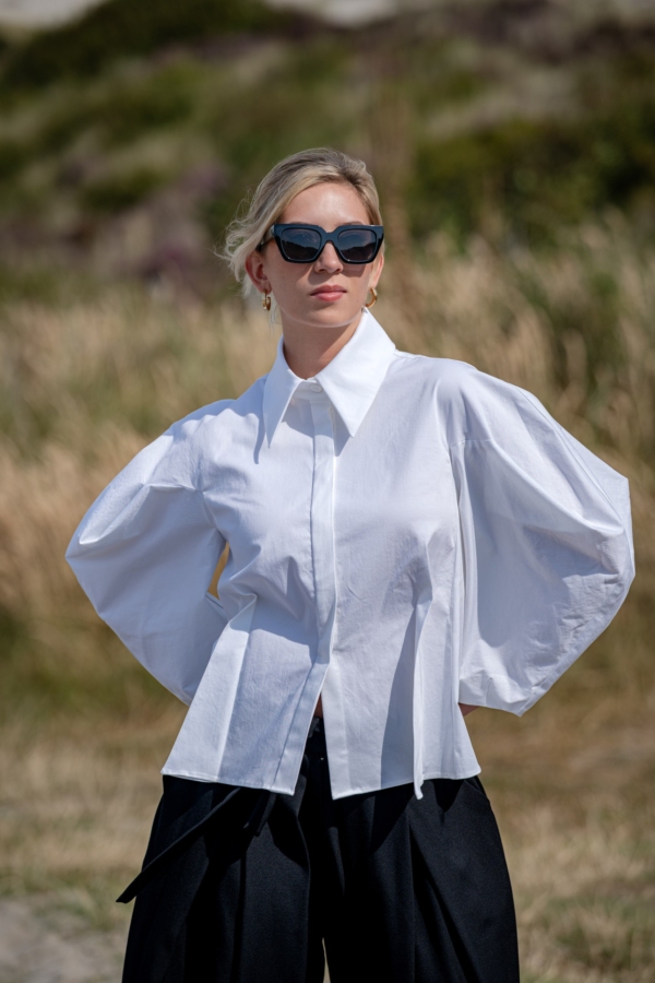 Taillierte Damenbluse mit voluminösen Ärmeln und Stehkragen.